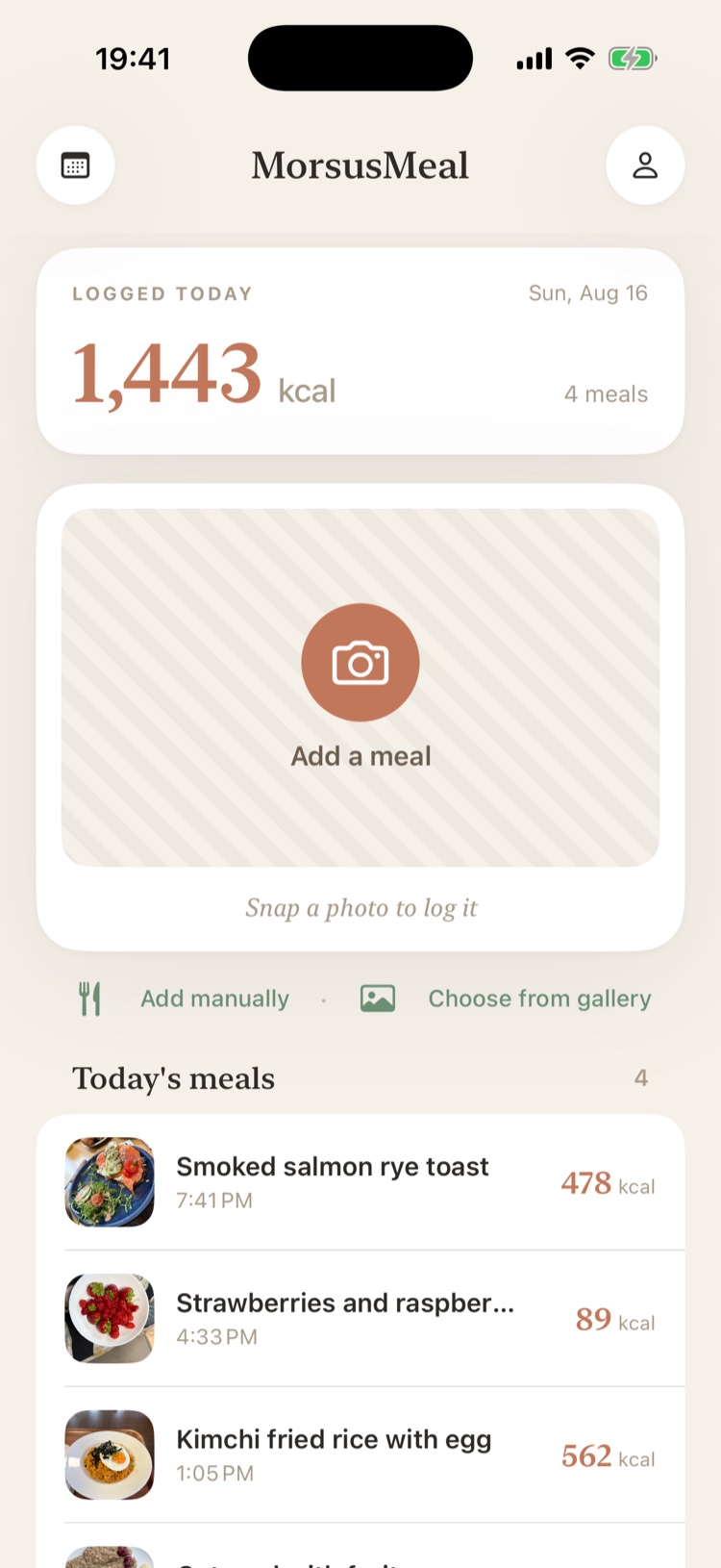 Home screen with today's logged meals